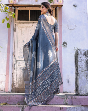 Printed Teal Blue Linen Saree for Women with Multicolor Pallu and Ethnic Border – Lightweight Casual Wear