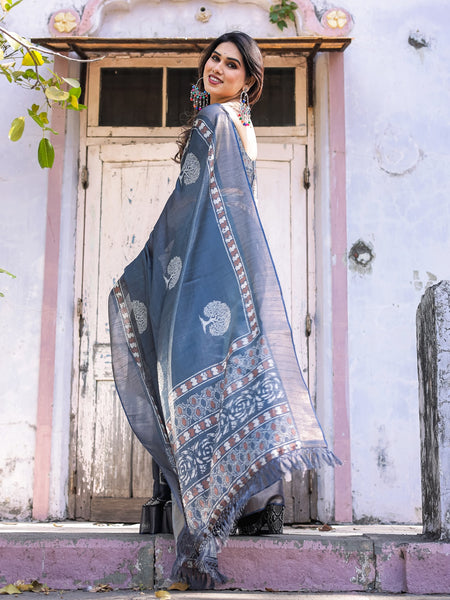 Printed Teal Blue Linen Saree for Women with Multicolor Pallu and Ethnic Border – Lightweight Casual Wear