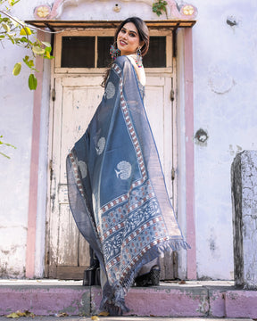Printed Teal Blue Linen Saree for Women with Multicolor Pallu and Ethnic Border – Lightweight Casual Wear