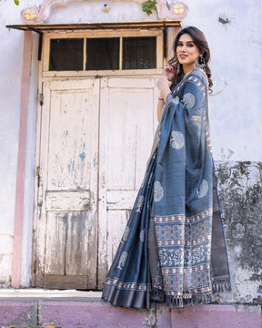 Printed Teal Blue Linen Saree for Women with Multicolor Pallu and Ethnic Border – Lightweight Casual Wear
