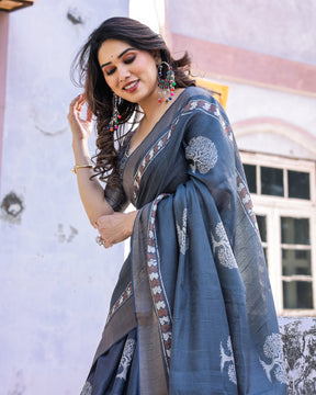 Printed Teal Blue Linen Saree for Women with Multicolor Pallu and Ethnic Border – Lightweight Casual Wear