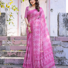 Elegant Pink Linen Saree with White Lotus Print & Silver Zari Border