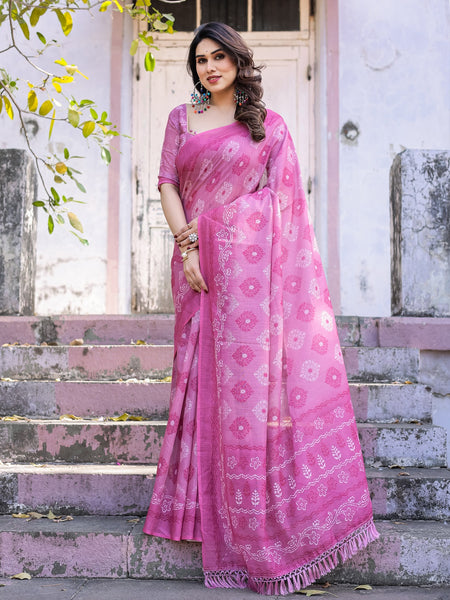 Elegant Pink Linen Saree with White Lotus Print & Silver Zari Border