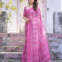 Elegant Pink Linen Saree with White Lotus Print & Silver Zari Border