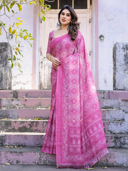 Elegant Pink Linen Saree with White Lotus Print & Silver Zari Border