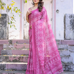 Elegant Pink Linen Saree with White Lotus Print & Silver Zari Border
