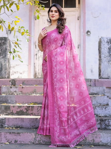 Elegant Pink Linen Saree with White Lotus Print & Silver Zari Border