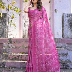 Elegant Pink Linen Saree with White Lotus Print & Silver Zari Border