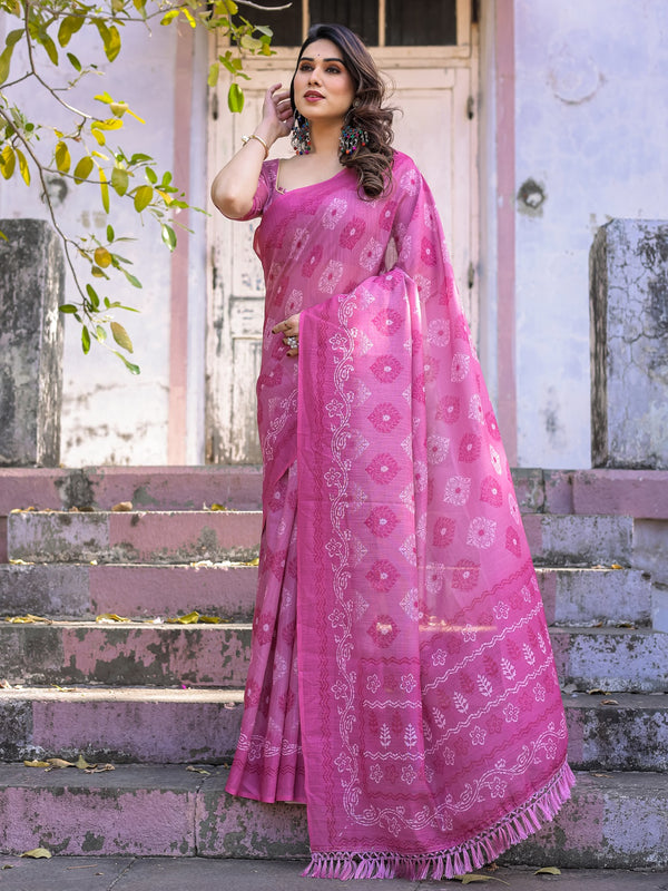Elegant Pink Linen Saree with White Lotus Print & Silver Zari Border