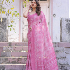 Elegant Pink Linen Saree with White Lotus Print & Silver Zari Border