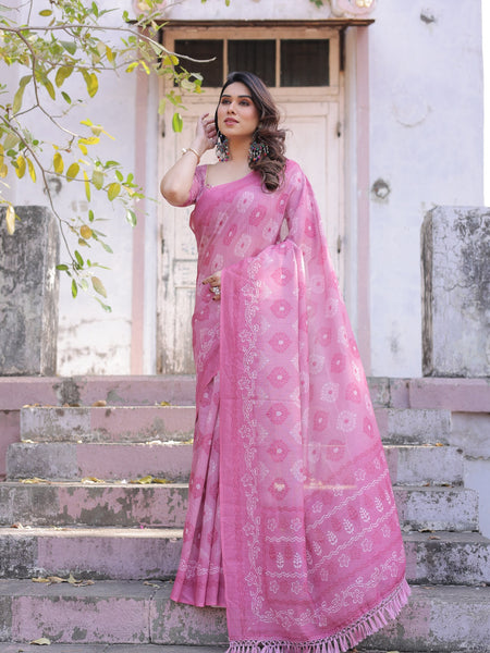 Elegant Pink Linen Saree with White Lotus Print & Silver Zari Border