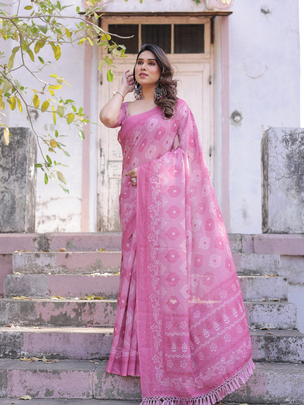 Elegant Pink Linen Saree with White Lotus Print & Silver Zari Border