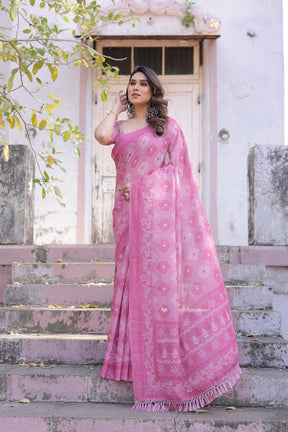 Elegant Pink Linen Saree with White Lotus Print & Silver Zari Border