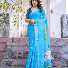 Elegant Sky Blue Linen Saree with White Lotus Print & Silver Zari Border