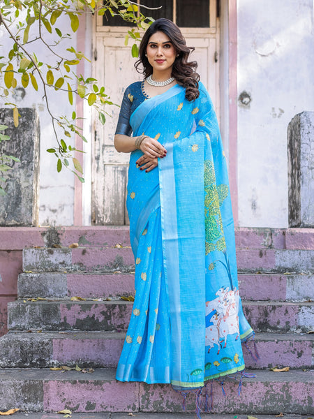 Elegant Sky Blue Linen Saree with White Lotus Print & Silver Zari Border