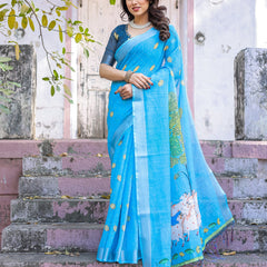 Elegant Sky Blue Linen Saree with White Lotus Print & Silver Zari Border