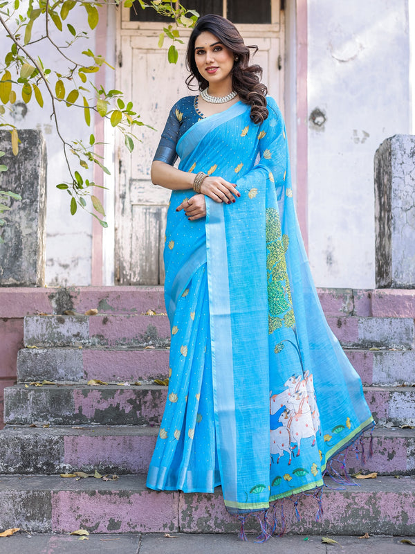 Elegant Sky Blue Linen Saree with White Lotus Print & Silver Zari Border