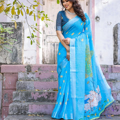 Elegant Sky Blue Linen Saree with White Lotus Print & Silver Zari Border