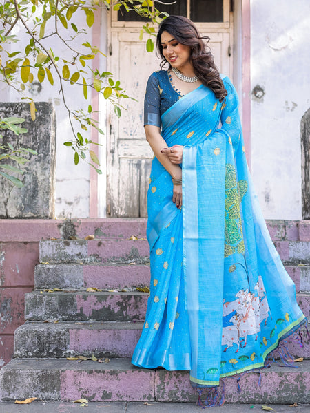 Elegant Sky Blue Linen Saree with White Lotus Print & Silver Zari Border