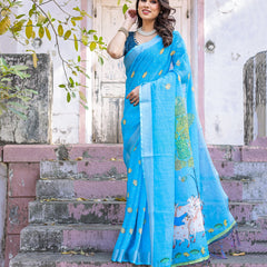 Elegant Sky Blue Linen Saree with White Lotus Print & Silver Zari Border