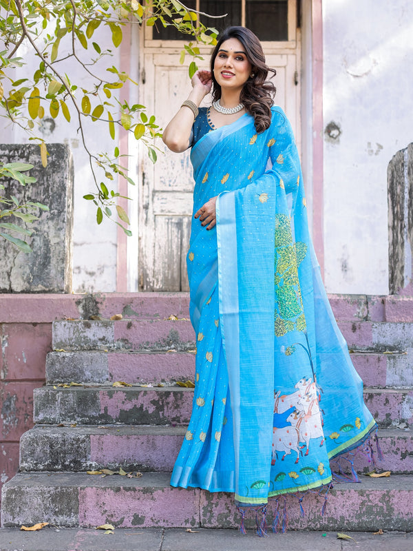 Elegant Sky Blue Linen Saree with White Lotus Print & Silver Zari Border