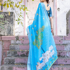 Elegant Sky Blue Linen Saree with White Lotus Print & Silver Zari Border
