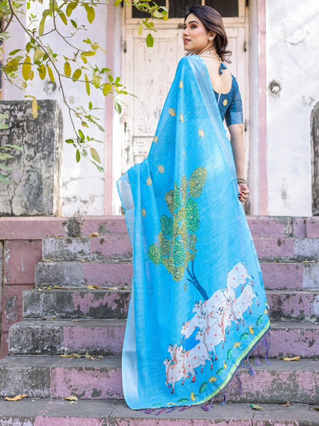 Elegant Sky Blue Linen Saree with White Lotus Print & Silver Zari Border