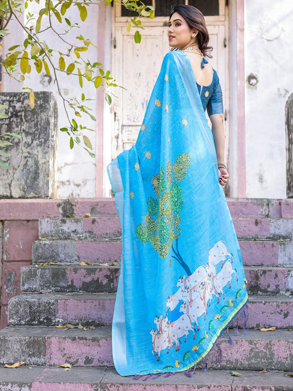 Elegant Sky Blue Linen Saree with White Lotus Print & Silver Zari Border