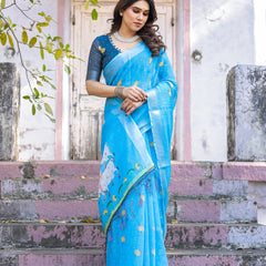 Elegant Sky Blue Linen Saree with White Lotus Print & Silver Zari Border