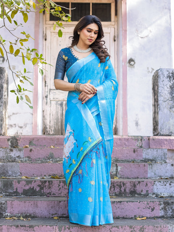 Elegant Sky Blue Linen Saree with White Lotus Print & Silver Zari Border