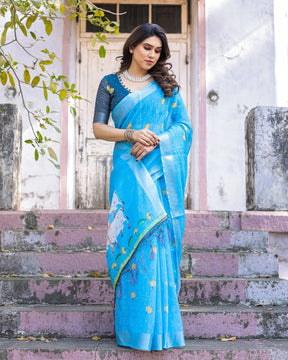 Elegant Sky Blue Linen Saree with White Lotus Print & Silver Zari Border
