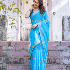 Elegant Sky Blue Linen Saree with White Lotus Print & Silver Zari Border