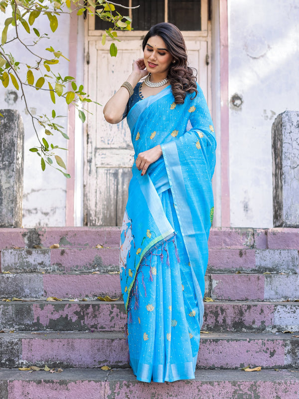 Elegant Sky Blue Linen Saree with White Lotus Print & Silver Zari Border
