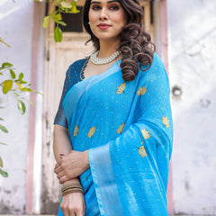 Elegant Sky Blue Linen Saree with White Lotus Print & Silver Zari Border