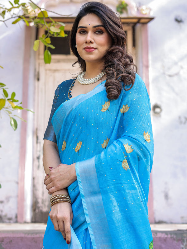 Elegant Sky Blue Linen Saree with White Lotus Print & Silver Zari Border