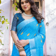 Elegant Sky Blue Linen Saree with White Lotus Print & Silver Zari Border
