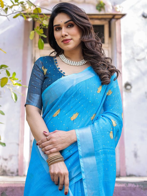 Elegant Sky Blue Linen Saree with White Lotus Print & Silver Zari Border