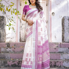 Elegant Off White Linen Saree with White Lotus Print & Silver Zari Border