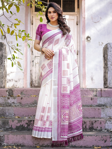 Elegant Off White Linen Saree with White Lotus Print & Silver Zari Border