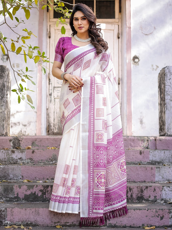 Elegant Off White Linen Saree with White Lotus Print & Silver Zari Border
