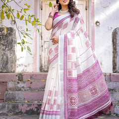 Elegant Off White Linen Saree with White Lotus Print & Silver Zari Border