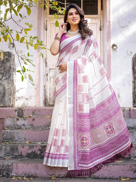 Elegant Off White Linen Saree with White Lotus Print & Silver Zari Border