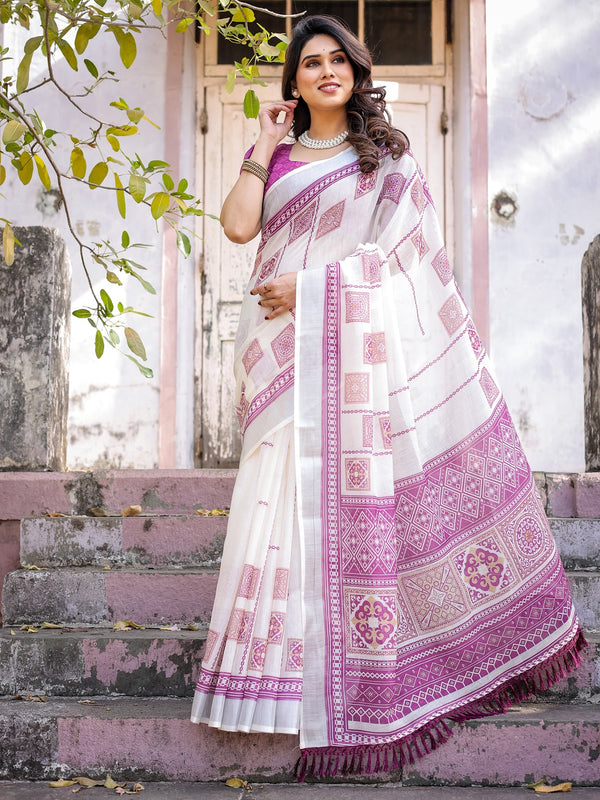 Elegant Off White Linen Saree with White Lotus Print & Silver Zari Border