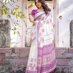 Elegant Off White Linen Saree with White Lotus Print & Silver Zari Border