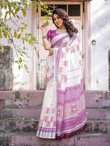 Elegant Off White Linen Saree with White Lotus Print & Silver Zari Border