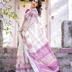 Elegant Off White Linen Saree with White Lotus Print & Silver Zari Border
