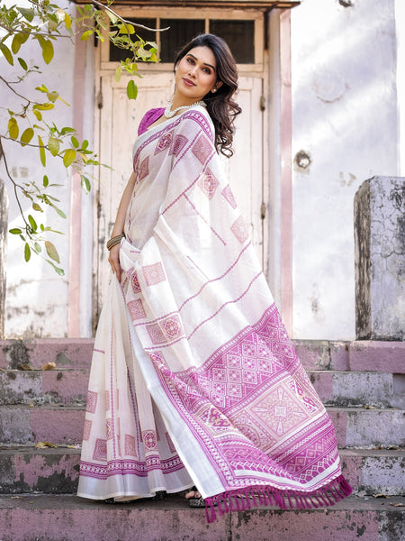 Elegant Off White Linen Saree with White Lotus Print & Silver Zari Border