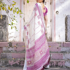 Elegant Off White Linen Saree with White Lotus Print & Silver Zari Border