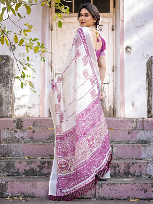 Elegant Off White Linen Saree with White Lotus Print & Silver Zari Border