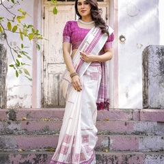 Elegant Off White Linen Saree with White Lotus Print & Silver Zari Border